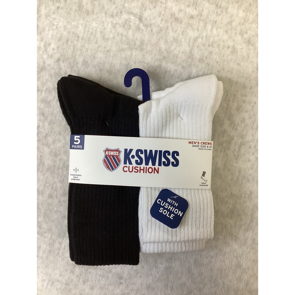 K-Swiss Mens Crew Socks 5 Pair Pack Black White Grey Shoe Size 6-12 KSSKM0153